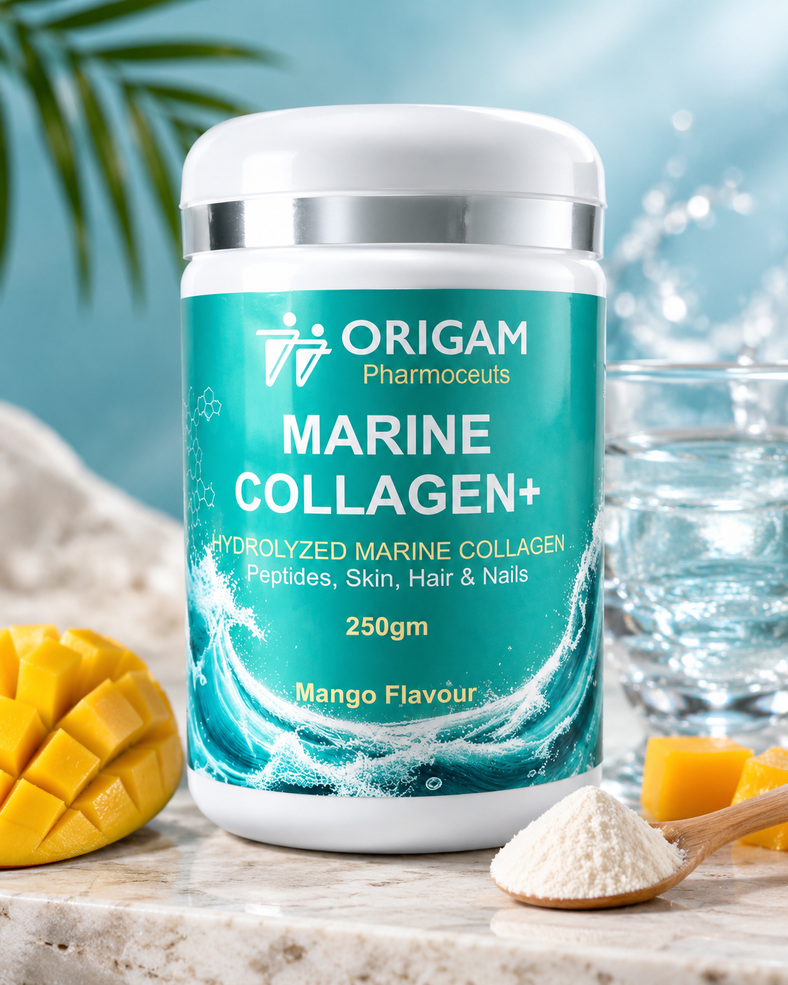 ORIGAM Marine Collagen+ Powder | Hydrolyzed Marine Collagen Peptides | Skin, Hair & Nails | Mango Flavour | 250g