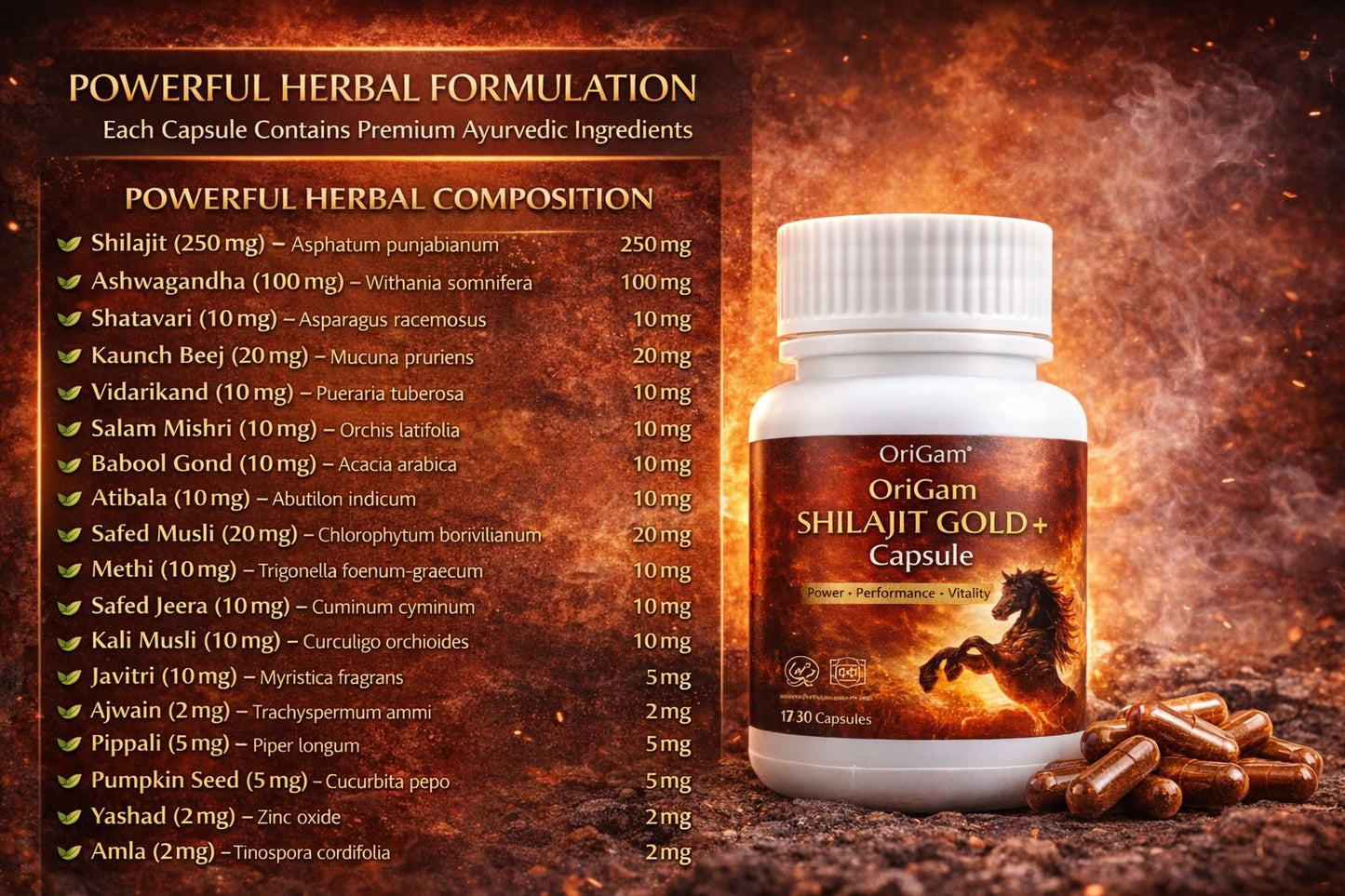 Origam Shilajit Gold + Capsules Ayurvedic 30 capsules with 30 plus ingredients Power house