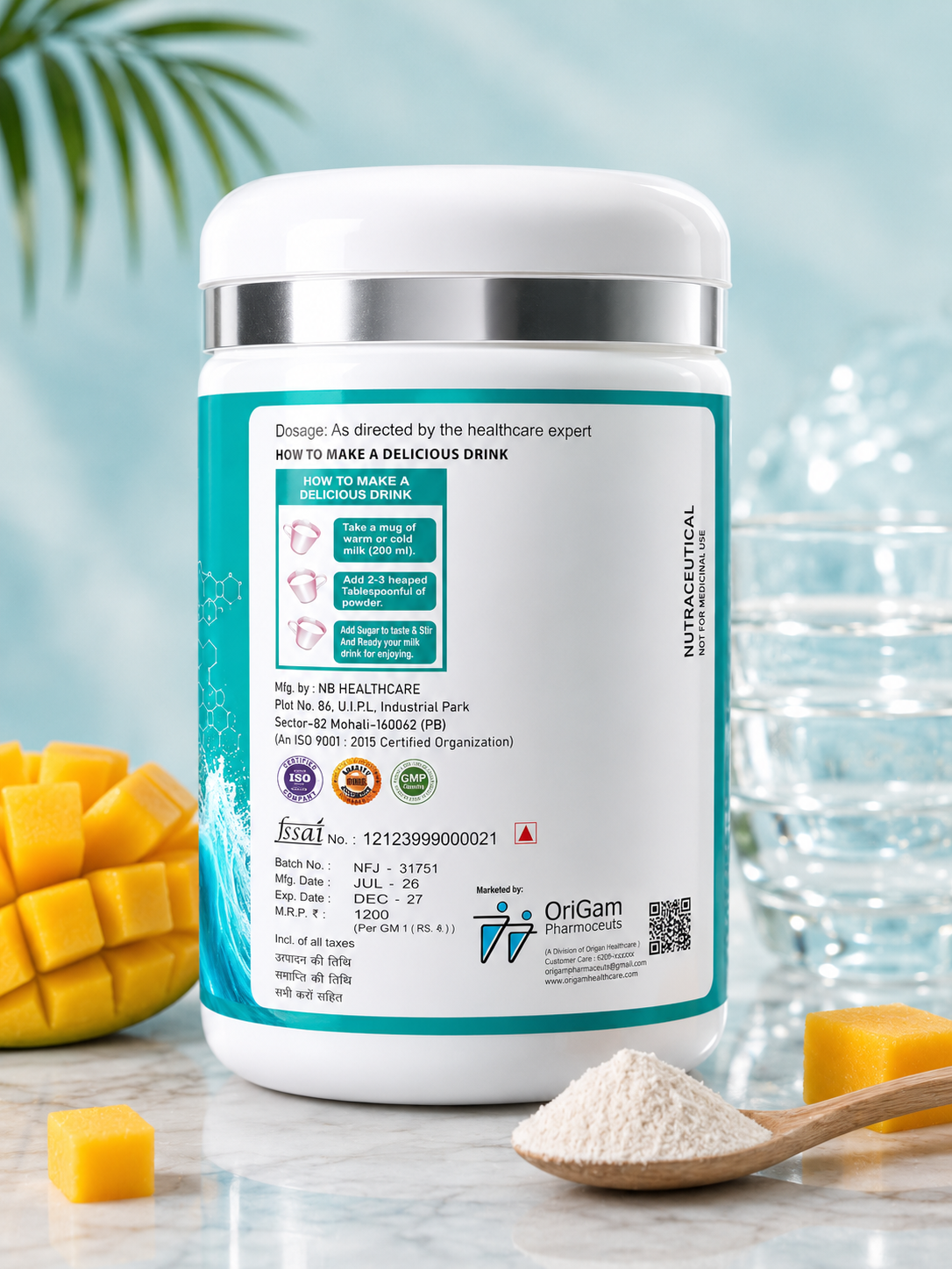 ORIGAM Marine Collagen+ Powder | Hydrolyzed Marine Collagen Peptides | Skin, Hair & Nails | Mango Flavour | 250g