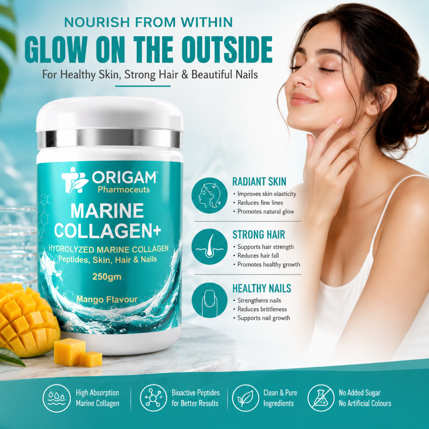 ORIGAM Marine Collagen+ Powder | Hydrolyzed Marine Collagen Peptides | Skin, Hair & Nails | Mango Flavour | 250g