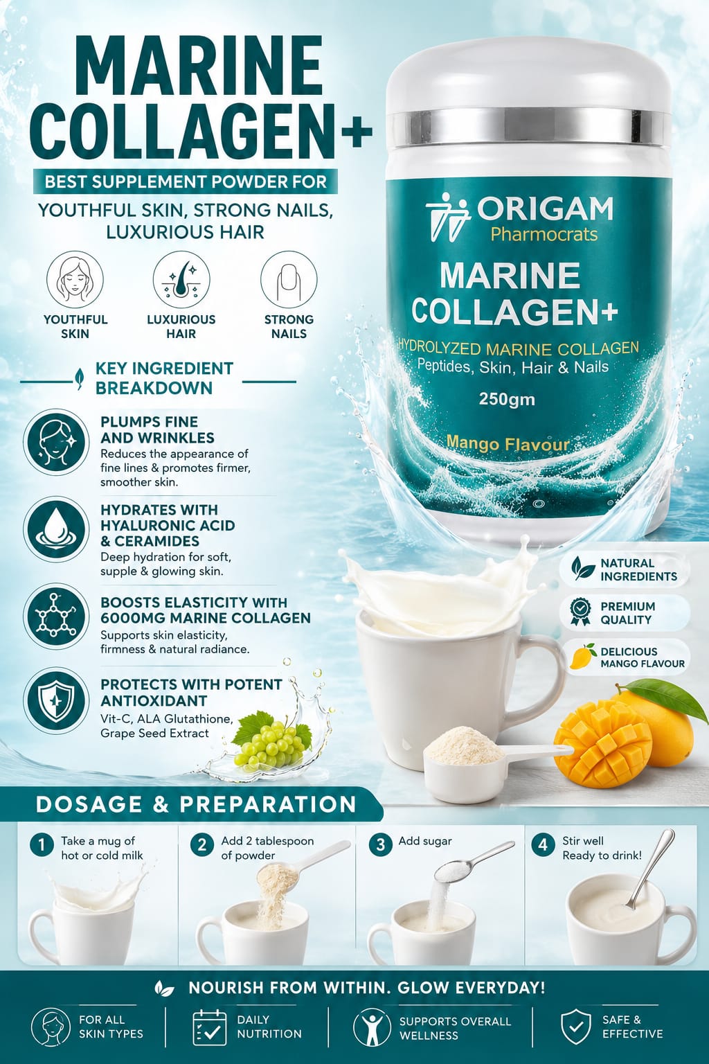 ORIGAM Marine Collagen+ Powder | Hydrolyzed Marine Collagen Peptides | Skin, Hair & Nails | Mango Flavour | 250g