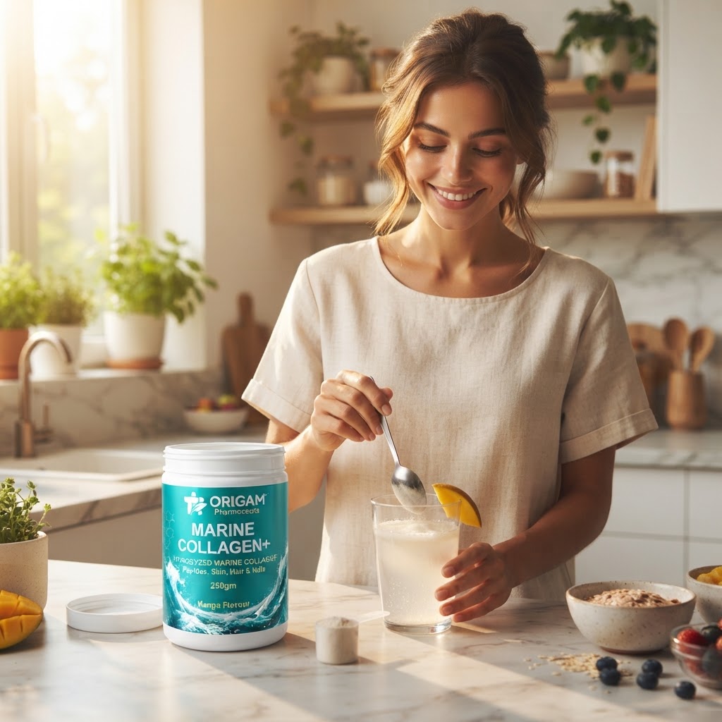 ORIGAM Marine Collagen+ Powder | Hydrolyzed Marine Collagen Peptides | Skin, Hair & Nails | Mango Flavour | 250g